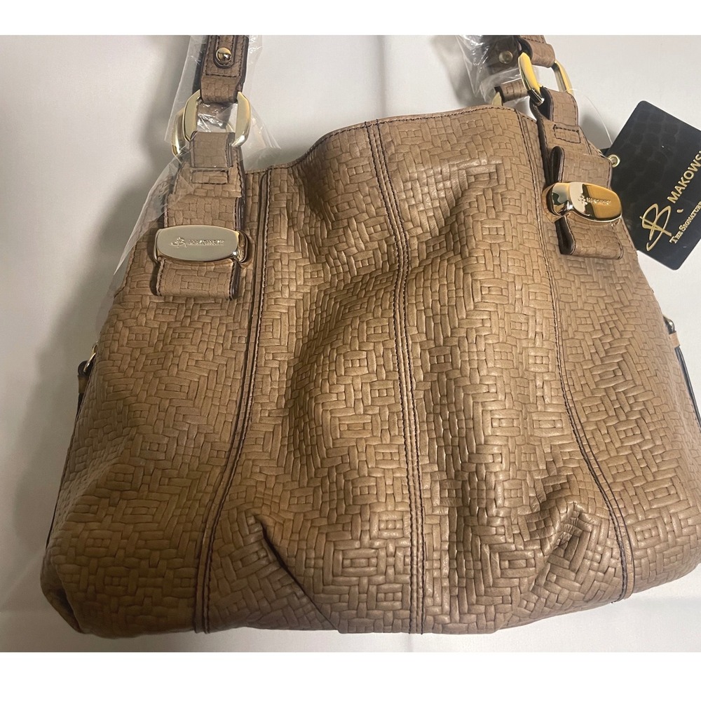 B. Makowsky Genuine Leather Taupe Embossed BasketWeave Tote Shoulder Bag NWT